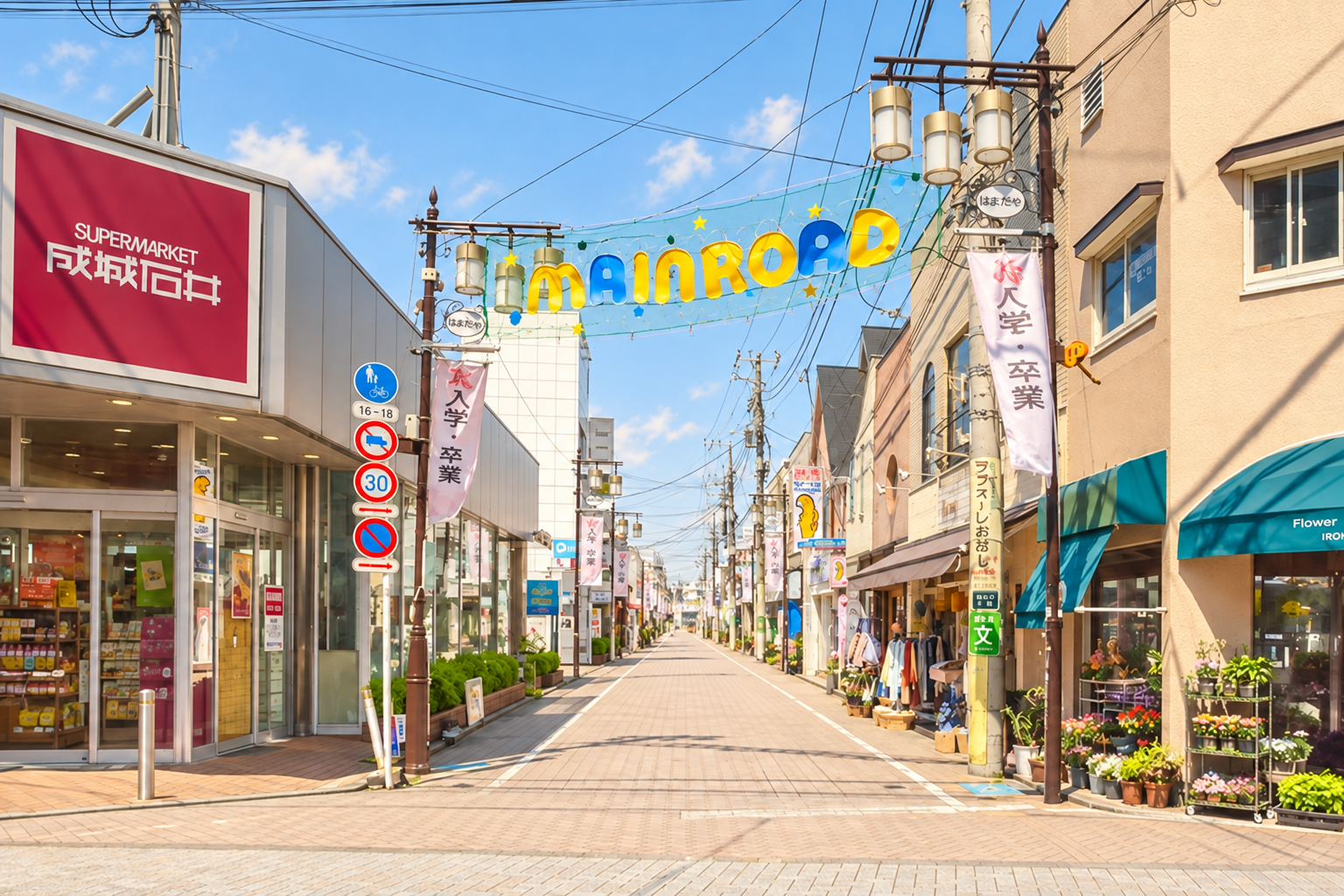 건물과 간판, mainRoad 장식이 보이는 하마다야마 상점가